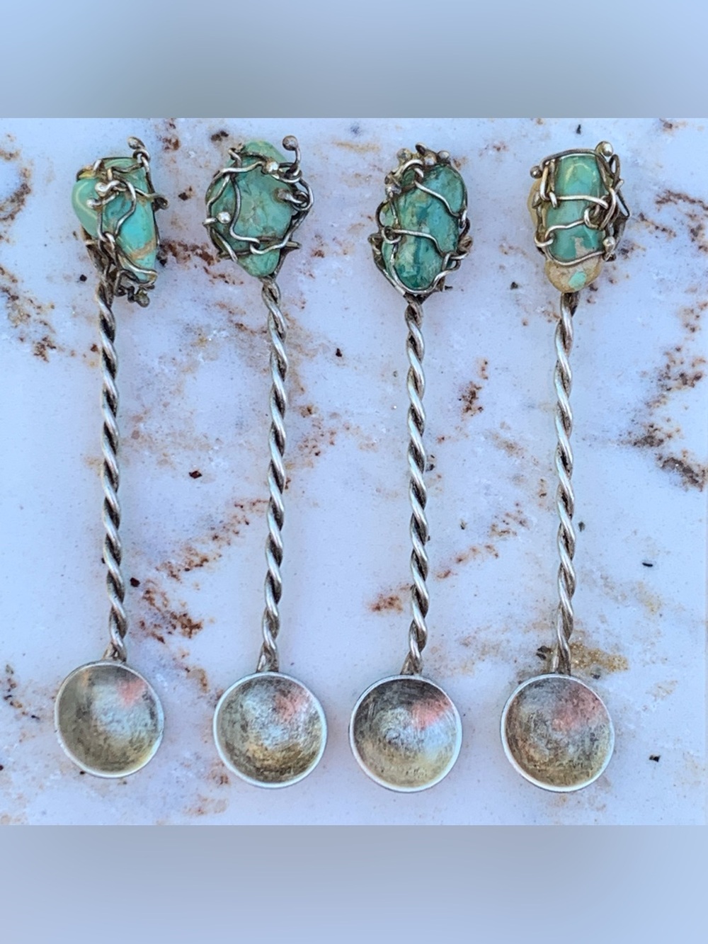 Handcrafted Sterling Silver Turquoise Mini Salt Spoons Wire-Wrapped Turquoise x4